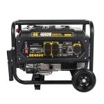 BE4800 commercial portable 4800W generator featuring a steel roll cage frame, wheel kit, folding handle, and intuitive control panel on a plain white background.