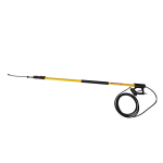BE Power Equipment 18-foot yellow fiberglass telescoping pressure washer extension wand with lever lock collars, long high-pressure hose, spray gun, and quick-connect tip on a plain white background.