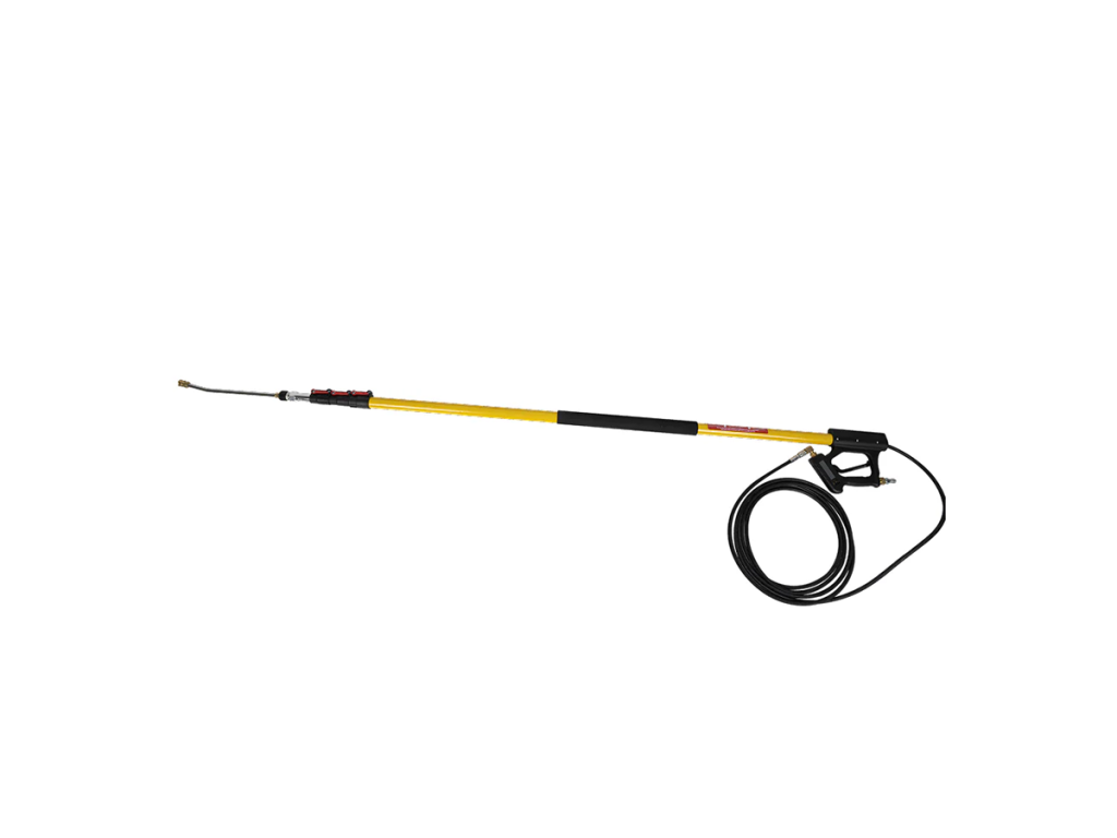 BE Power Equipment 24-foot yellow fiberglass telescoping pressure washer extension wand featuring heavy-duty lever locks, an inline trigger gun,