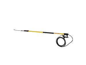 BE Power Equipment 24-foot yellow fiberglass telescoping pressure washer extension wand featuring heavy-duty lever locks, an inline trigger gun,
