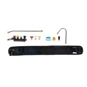 BE Power Equipment telescoping wand accessory kit featuring a padded support belt harness, angled extension wands, color-coded spray nozzles, thread seal tape, and brass fittings on a white background.