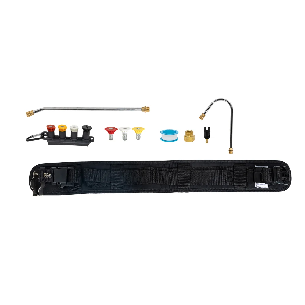 BE Power Equipment telescoping wand accessory kit featuring a padded support belt harness, angled extension wands, color-coded spray nozzles, thread seal tape, and brass fittings on a white background.