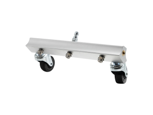BE Power Equipment aluminum pressure washer undercarriage cleaner with three spray nozzles, swivel caster wheels, and top quick-connect plug fitting isolated on a white background.