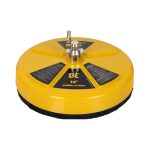 BE Power Equipment 14-inch Whirl-A-Way yellow pressure washer surface cleaner attachment featuring a brass quick-connect inlet and black bristle skirt on a white background.