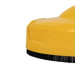 BE Power Equipment 14-inch Whirl-A-Way yellow pressure washer surface cleaner attachment featuring a brass quick-connect inlet and black bristle skirt on a white background.