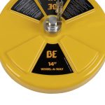 BE Power Equipment 14-inch Whirl-A-Way yellow pressure washer surface cleaner attachment featuring a brass quick-connect inlet and black bristle skirt on a white background.
