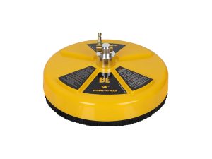 BE Power Equipment 14-inch Whirl-A-Way yellow pressure washer surface cleaner attachment featuring a brass quick-connect inlet and black bristle skirt on a white background.