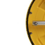 BE Power Equipment 14-inch Whirl-A-Way yellow pressure washer surface cleaner attachment featuring a brass quick-connect inlet and black bristle skirt on a white background.