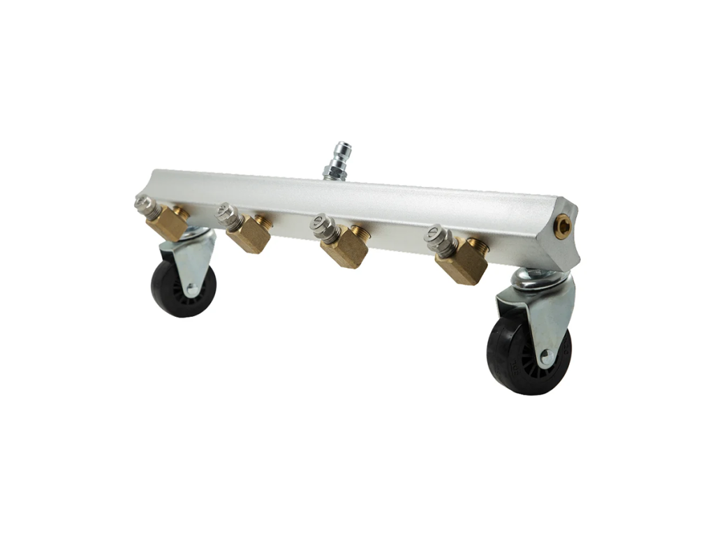 BE Power Equipment aluminum pressure washer water broom featuring four angled brass spray nozzles, two swivel caster wheels, and a top quick-connect plug inlet on a plain white background.