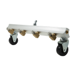 BE Power Equipment aluminum pressure washer water broom featuring four angled brass spray nozzles, two swivel caster wheels, and a top quick-connect plug inlet on a plain white background.