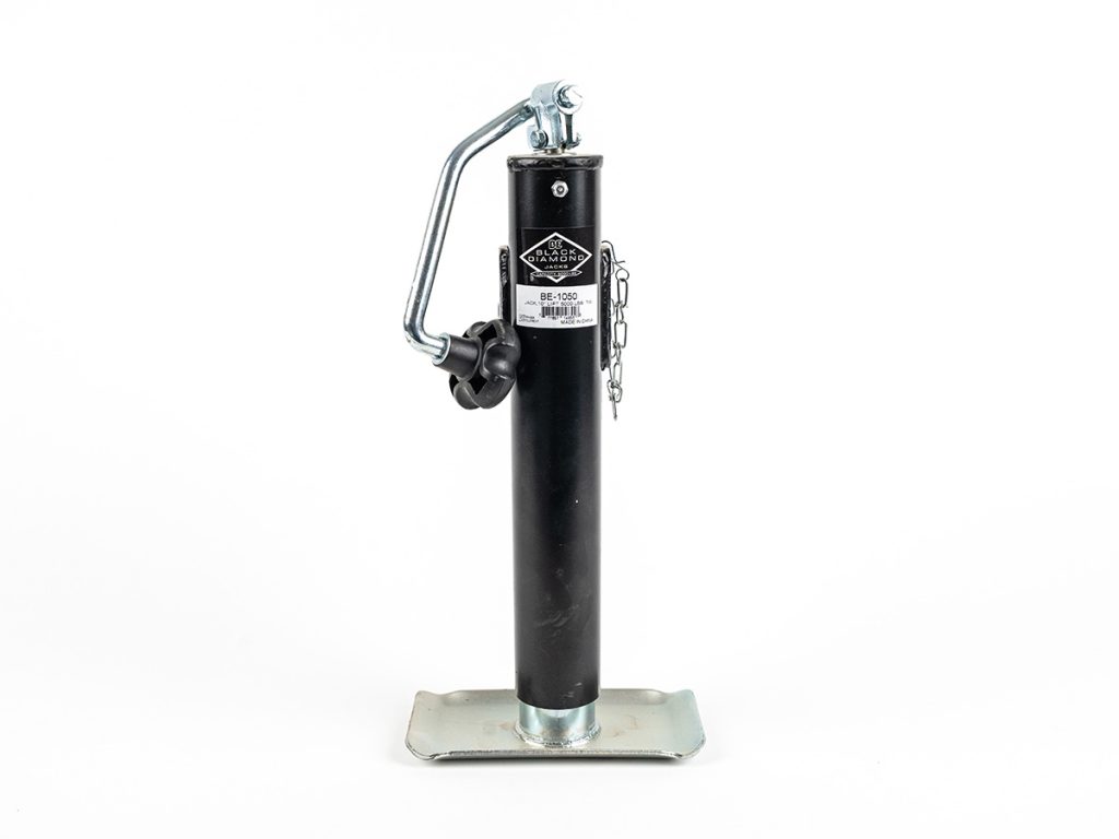 Heavy-duty black 5,000 lbs capacity trailer swivel jack with top-wind handle, weld-on mount bracket, safety pin on a chain, and zinc-plated footplate against a plain white background.