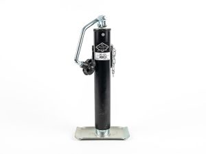 Heavy-duty black 5,000 lbs capacity trailer swivel jack with top-wind handle, weld-on mount bracket, safety pin on a chain, and zinc-plated footplate against a plain white background.