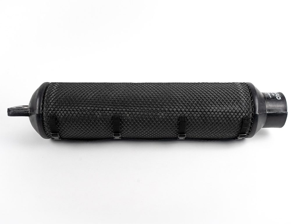 Medallion West Super-Flo SF3 filter featuring a black mesh outer sleeve with securing straps and molded rubber end caps against a clean white studio background.