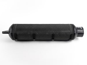 Medallion West Super-Flo SF3 filter featuring a black mesh outer sleeve with securing straps and molded rubber end caps against a clean white studio background.