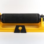 Polywest 2-foot filter float assembly featuring a black mesh strainer screen cylinder mounted on a bright yellow floating base frame.