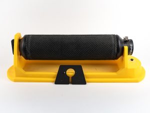 Polywest 2-foot filter float assembly featuring a black mesh strainer screen cylinder mounted on a bright yellow floating base frame.