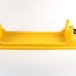 Polywest 2-foot filter float assembly featuring a black mesh strainer screen cylinder mounted on a bright yellow floating base frame.