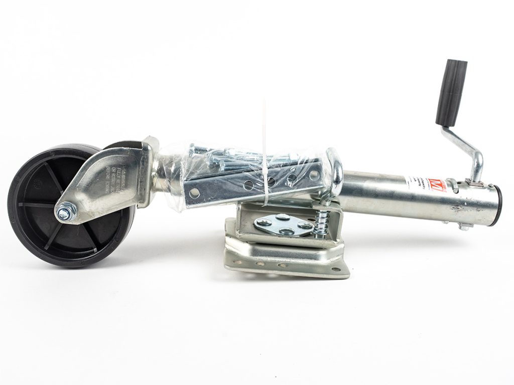 Zinc-plated swivel trailer jack with top-wind handle, mounting bracket, and caster wheel.