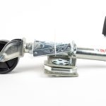 Zinc-plated swivel trailer jack with top-wind handle, mounting bracket, and caster wheel.