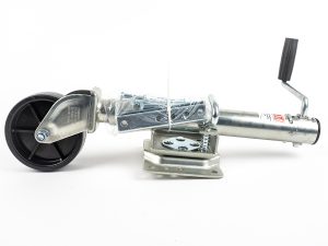 Zinc-plated swivel trailer jack with top-wind handle, mounting bracket, and caster wheel.