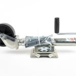 Zinc-plated swivel trailer jack with top-wind handle, mounting bracket, and caster wheel.