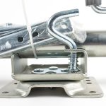 Zinc-plated swivel trailer jack with top-wind handle, mounting bracket, and caster wheel.