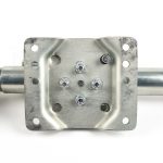 Zinc-plated swivel trailer jack with top-wind handle, mounting bracket, and caster wheel.