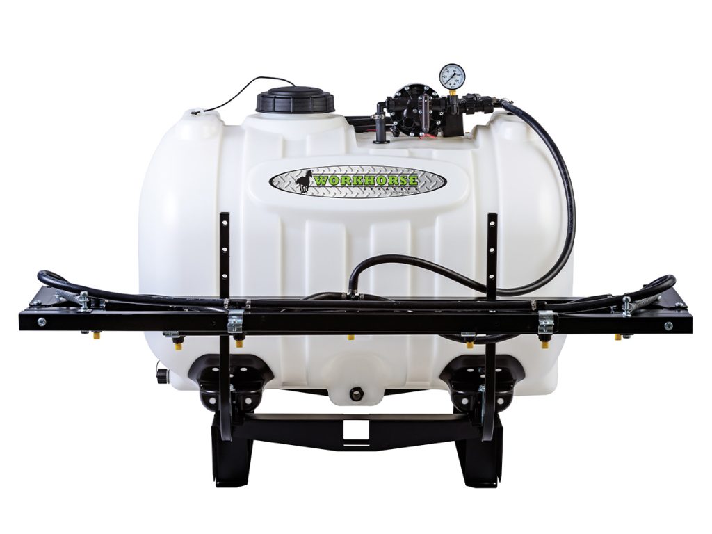 Workhorse Sprayers 60-gallon skid mount sprayer with white poly tank, 12V pump assembly, pressure gauge, and folded spray boom arms on a heavy-duty steel frame.