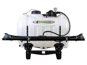 Workhorse Sprayers 60-gallon skid mount sprayer with white poly tank, 12V pump assembly, pressure gauge, and folded spray boom arms on a heavy-duty steel frame.