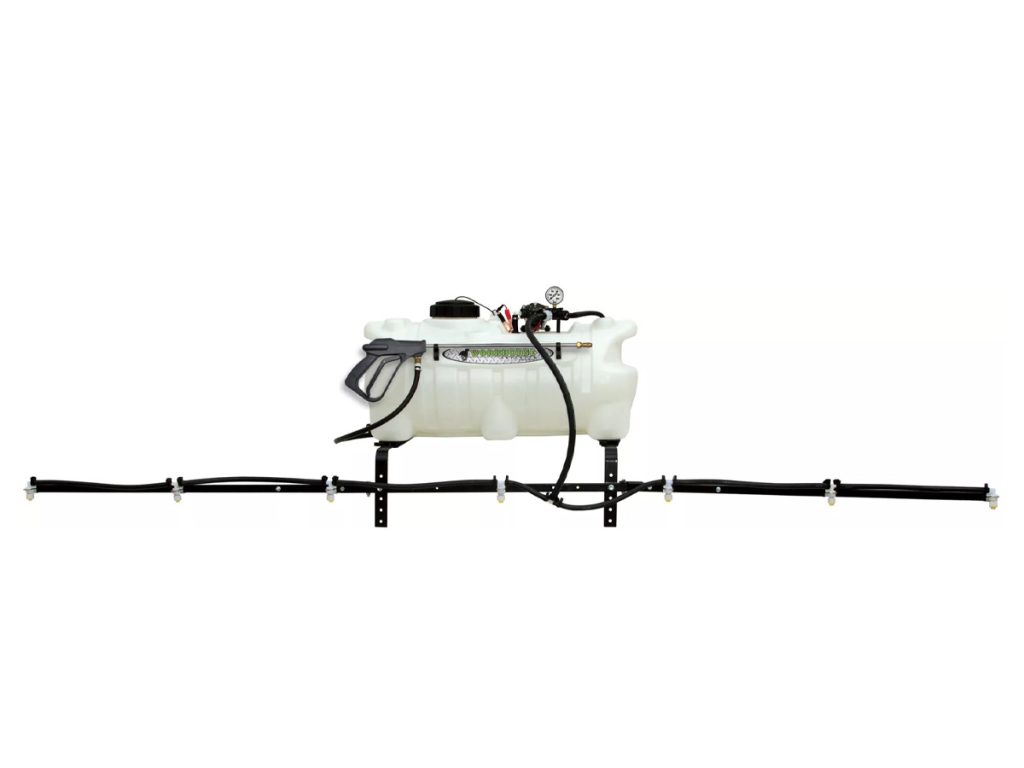 Workhorse 25 Gallon ATV Sprayer with white polyethylene tank, spray wand, top-mounted 12V pump with pressure gauge, and fully extended 7-nozzle folding boom.