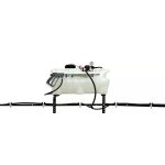 Workhorse 25 Gallon ATV Sprayer with white polyethylene tank, spray wand, top-mounted 12V pump with pressure gauge, and fully extended 7-nozzle folding boom.