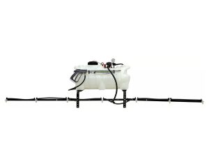 Workhorse 25 Gallon ATV Sprayer with white polyethylene tank, spray wand, top-mounted 12V pump with pressure gauge, and fully extended 7-nozzle folding boom.