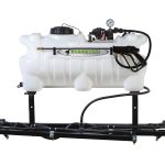 Workhorse 25 Gallon ATV Sprayer with white polyethylene tank, spray wand, 12V pump with pressure gauge, and folded 7-nozzle boom.