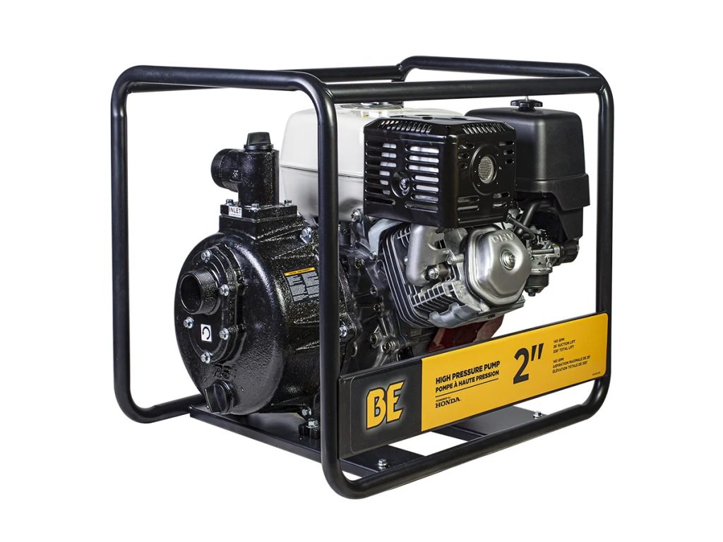 BE Power Equipment Honda-powered 2-inch high-pressure water pump housed within a protective black steel roll cage.