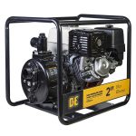 BE Power Equipment Honda-powered 2-inch high-pressure water pump housed within a protective black steel roll cage.