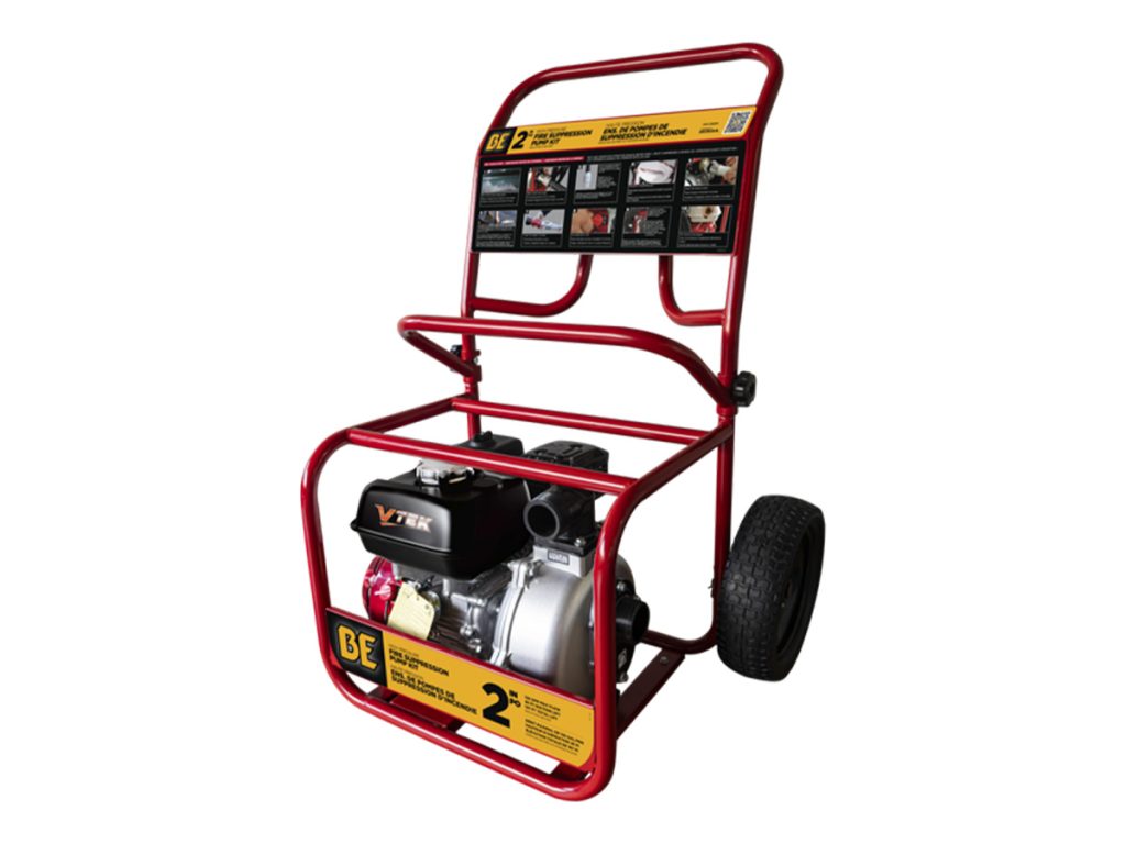 BE Power Equipment High Pressure 2-inch Fire Suppression Pump mounted on a red wheeled hand cart frame with an integrated top hose rack and instruction panel.