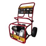 BE Power Equipment High Pressure 2-inch Fire Suppression Pump mounted on a red wheeled hand cart frame with an integrated top hose rack and instruction panel.