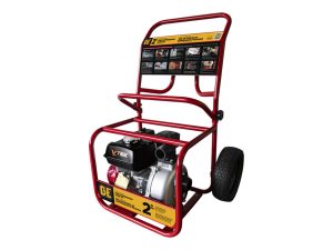 BE Power Equipment High Pressure 2-inch Fire Suppression Pump mounted on a red wheeled hand cart frame with an integrated top hose rack and instruction panel.