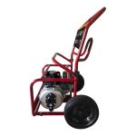 BE Power Equipment High Pressure 2-inch Fire Suppression Pump mounted on a red wheeled hand cart frame with an integrated top hose rack and instruction panel.
