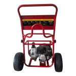 BE Power Equipment High Pressure 2-inch Fire Suppression Pump mounted on a red wheeled hand cart frame with an integrated top hose rack and instruction panel.