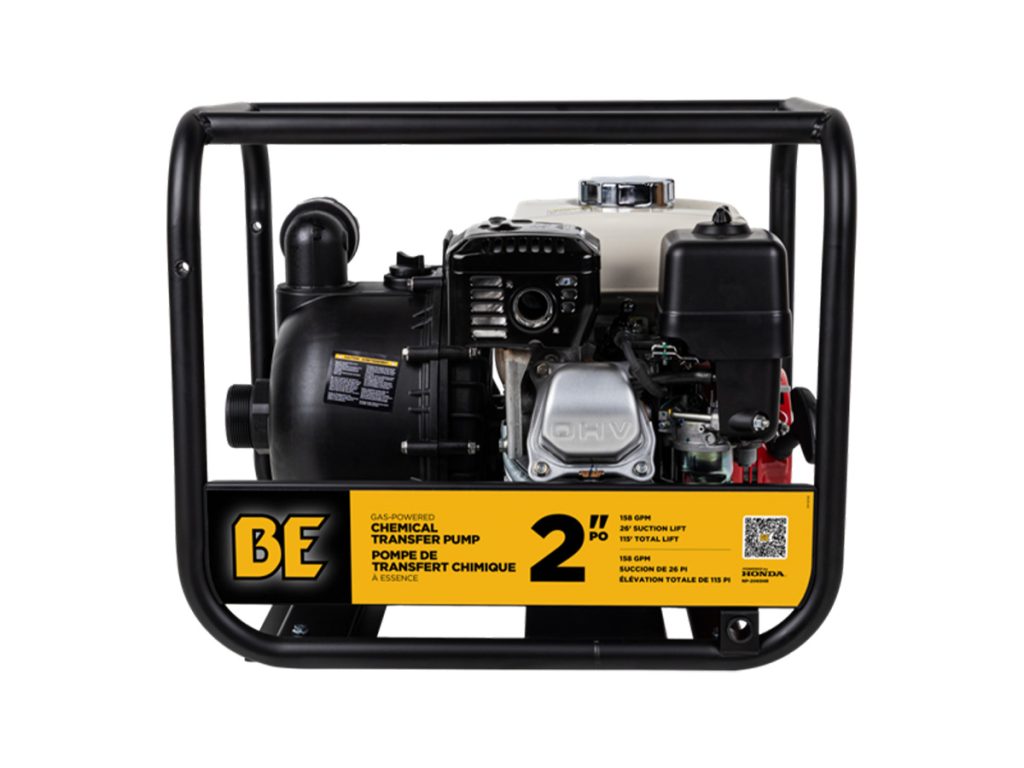 BE 2-inch gas-powered chemical transfer pump with Honda GX160 engine housed in a black heavy-duty steel roll cage.