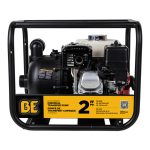 BE 2-inch gas-powered chemical transfer pump with Honda GX160 engine housed in a black heavy-duty steel roll cage.