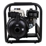 BE 2-inch gas-powered chemical transfer pump with Honda GX160 engine housed in a black heavy-duty steel roll cage.