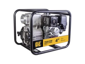 BE Power Equipment Honda-powered 4-inch trash pump housed inside a heavy-duty black tubular steel roll cage.