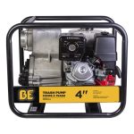 BE Power Equipment Honda-powered 4-inch trash pump housed inside a heavy-duty black tubular steel roll cage.