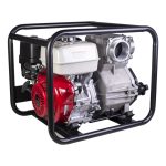 BE Power Equipment Honda-powered 4-inch trash pump housed inside a heavy-duty black tubular steel roll cage.