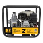 BE 2-inch gas-powered water transfer pump with Honda engine in a heavy-duty black steel roll cage.