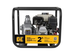BE 2-inch gas-powered water transfer pump with Honda engine in a heavy-duty black steel roll cage.