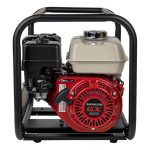 BE 2-inch gas-powered water transfer pump with Honda engine in a heavy-duty black steel roll cage.