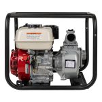 BE 2-inch gas-powered water transfer pump with Honda engine in a heavy-duty black steel roll cage.